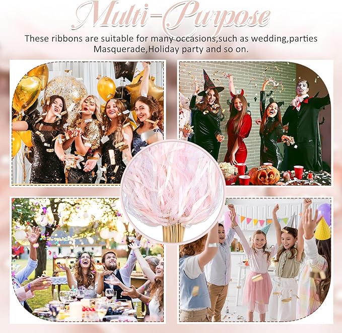 Taiyin 150 Pcs Lace Ribbon Stick Wands Wedding Wand Streamers with Bell Silk Ribbon Fairy Wand Wedding Send Off Streamer for Baby Shower Holiday Party Favors (Pink,Beige)