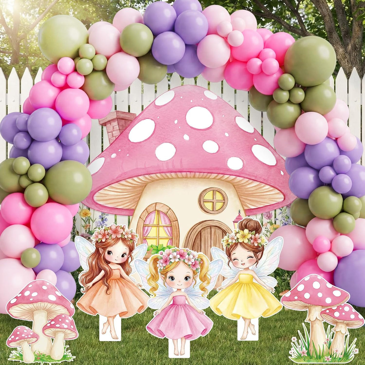 fairy wonderland party decorations set mushroom backdrop large on a desk or shelf