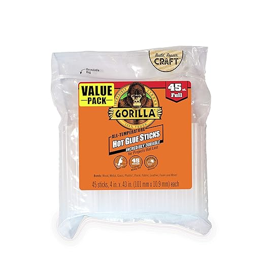 Gorilla Hot Glue Sticks, Clear Glue, Full Size 4" Long x 0.43" Diameter, 45 Count (Pack of 4) - Safe for All Temperatures with Extended Working Time