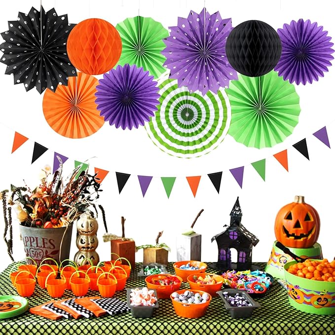 Orange Black Purple Green Party-Decorations - 33Pcs Banner,Halloween Streamers Tassel Garland,Tissue Pom Poms Honeycomb,Paper Lantern Fan,Birthday Wedding Baby Bridal Shower Decor Supplies Hugtmr