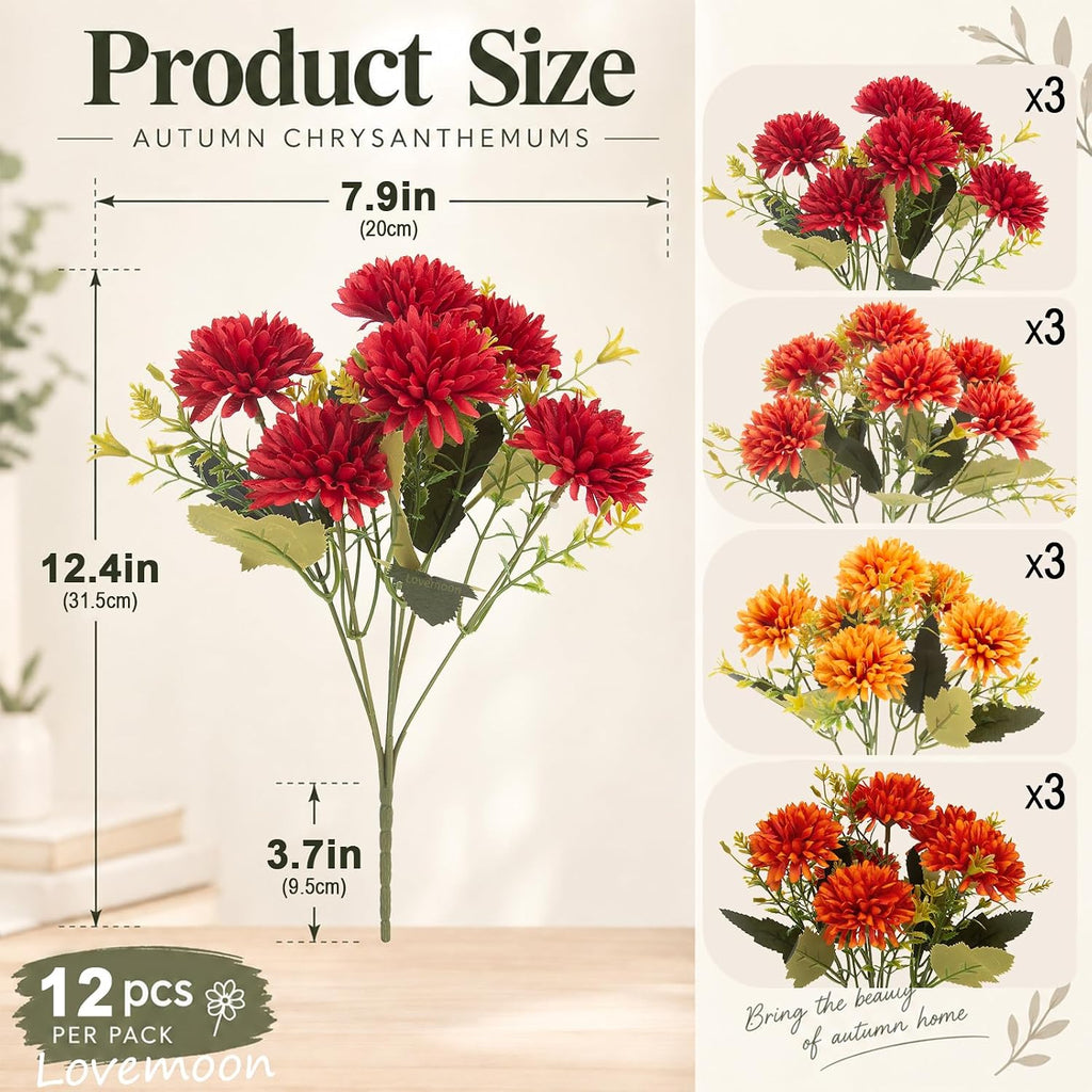lovemoon artificial chrysanthemums flowers for outdoors, fall showing dimensions