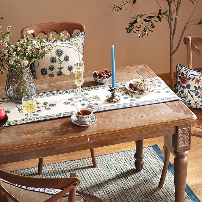 patdrea Designer Blue Rustic Elegant Floral Patterned Extra Long,Wrinkle Resistant Linen Table Runner 118 Inch Long,Decoration for Kitchen Dining and Coffee Tables Banquet Christmas , 12"x118"