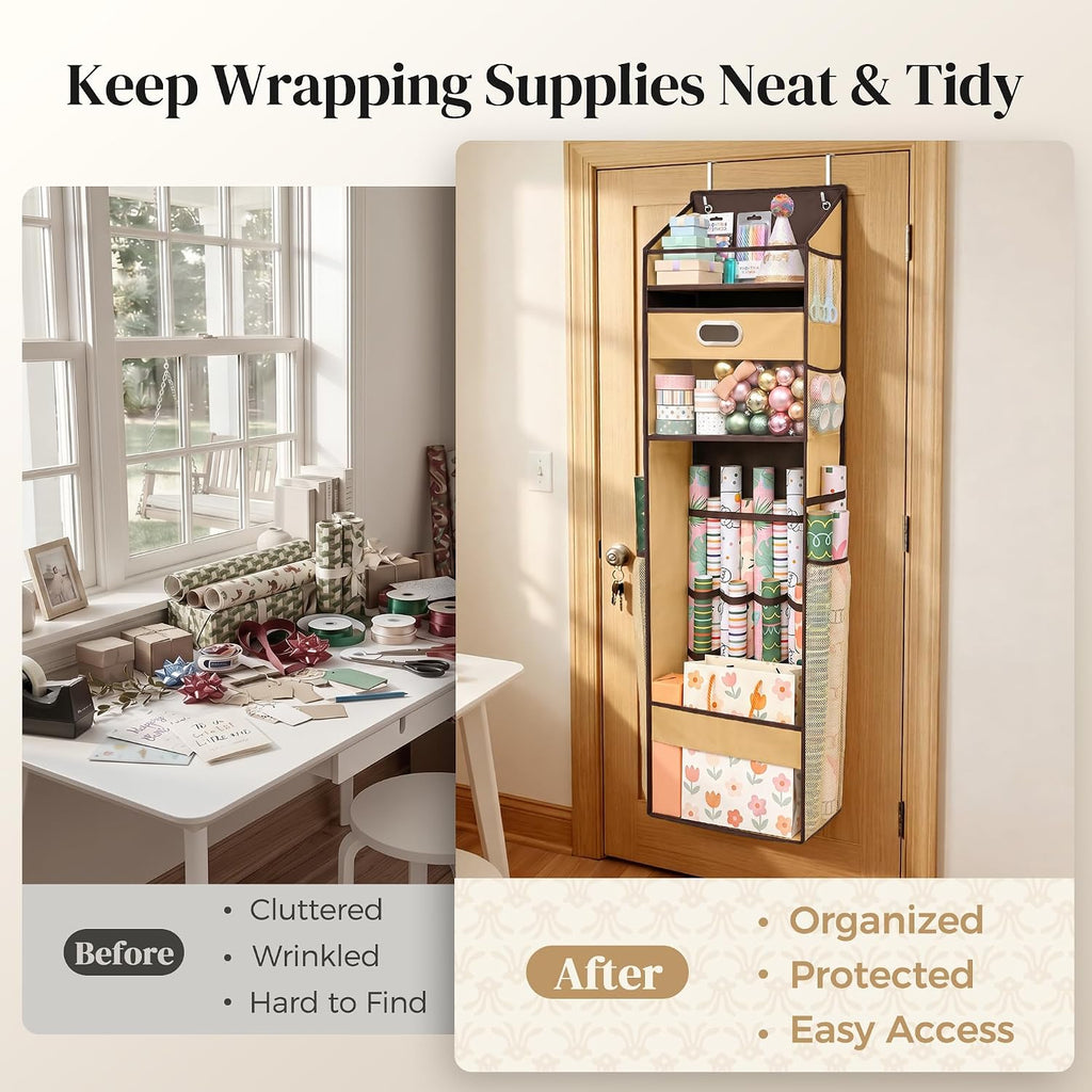 Ordovibe Wrapping Paper Storage Organizer, Over The Door Gift Wrap Holder with Removable Drawer & Side Mesh Pockets – Space Saving Closet Organizer for Christmas, Halloween, Birthday Rolls Supplies Brown