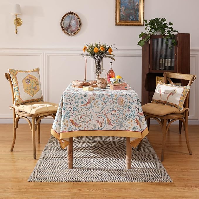 patdrea Designer Small French Rectangular Tablecloth,Vintage Yellow Floral Birds Pattern Linen Colorful Table Cloth,Decor Cover for Kitchen Dining Banquet,Christmas,Thanksgiving,55"x71"-Magnolia