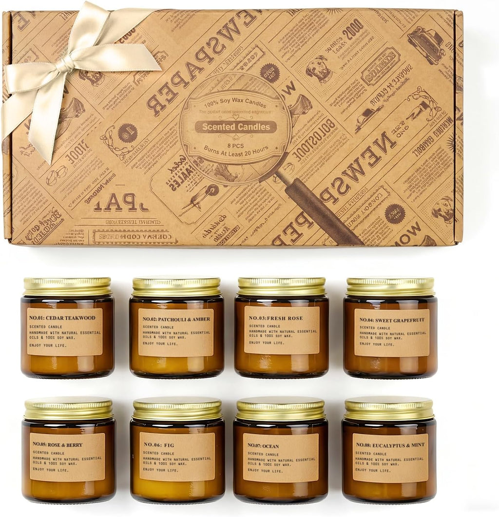 Scented Candles for Home,8 Pack Soy Wax Candle Set,Scented Candles Gift Set,Aromatherapy Candles, Amber Jar Vintage Apothecary Style, 8 Scents Gift Set