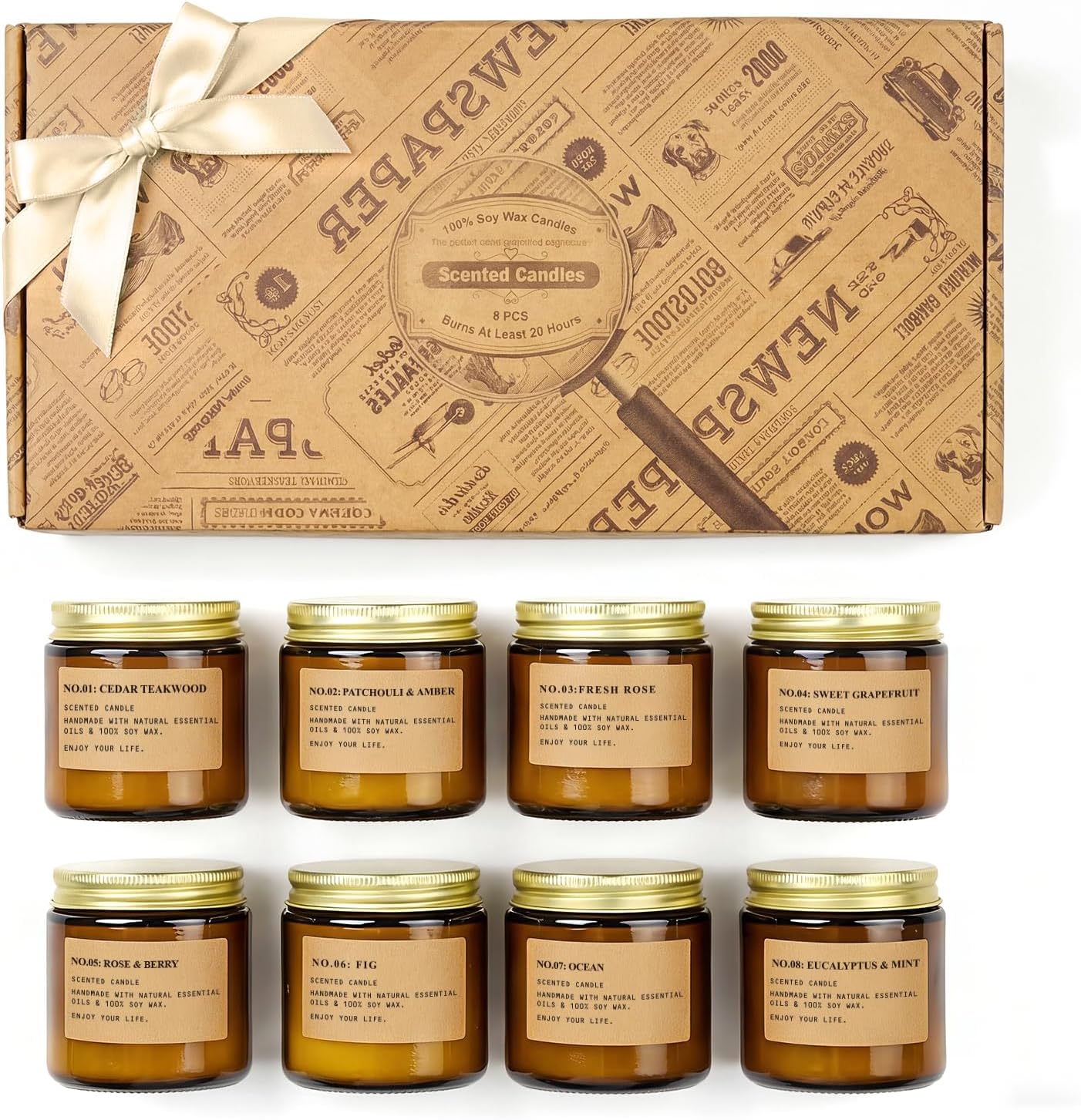 Scented Candles for Home,8 Pack Soy Wax Candle Set,Scented Candles Gift Set,Aromatherapy Candles, Amber Jar Vintage Apothecary Style, 8 Scents Gift Set