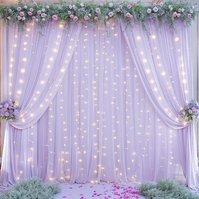 10ft x 7ft Lavender Chiffon Backdrop Curtain with Lights String for Parites Wedding Wrinkle Free Curtain Photo Backdrops Drapes for Baby Shower Birthday Party Home Decorations