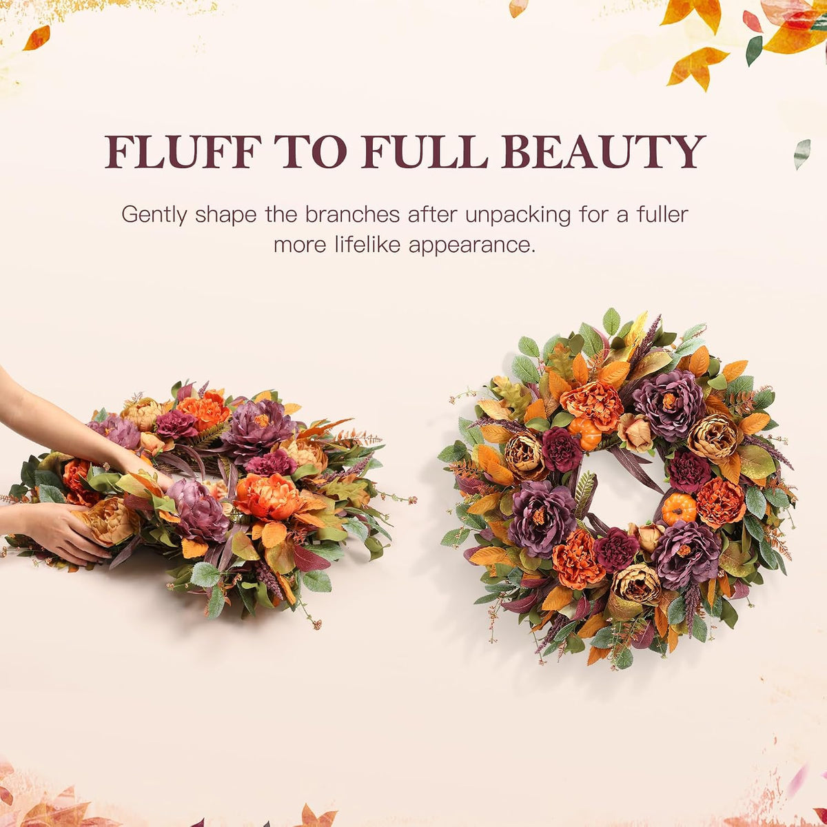 26 Inch Fall Wreath for Front Door, Large Autumn Harvest Wreath with Purple P...