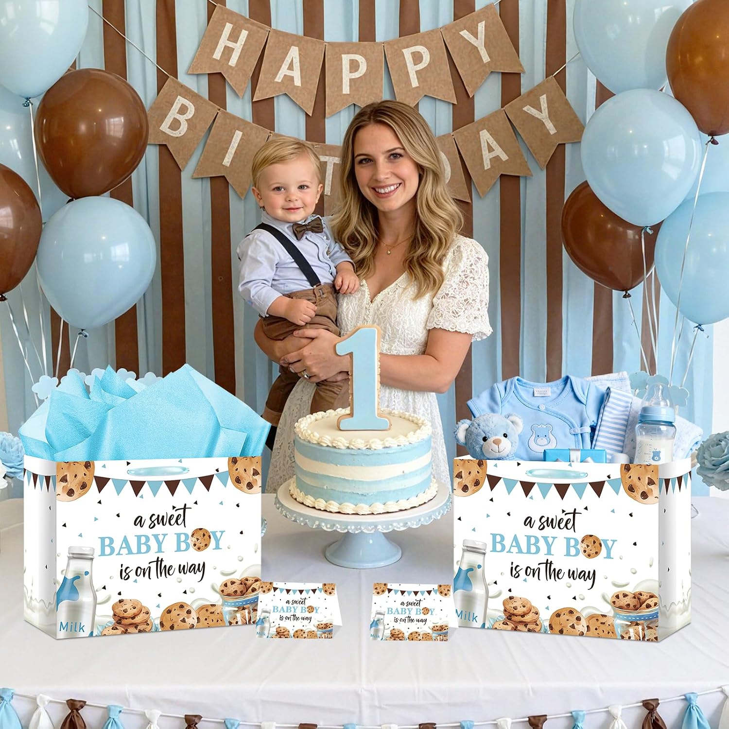 Frakron Baby Boy Shower Gift Bag with Card & Wrapping Tissue Paper Milk and Cookies Theme Party Supplies Large Blue A Sweet Baby Boy is on the Way Gift Wrap Bags for Newborn Gender Reveal Sprinkle
