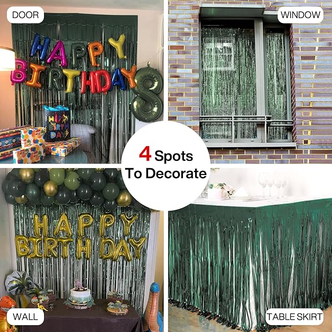 PartyWoo Green Streamers Backdrop 2pcs Green Tinsel Foil Fringe Streamer Curtains 8.2 FT Curtains Photo Backdrop for Graduation Birthday Dinosaur Jungle Golf Football Theme Party Decorations