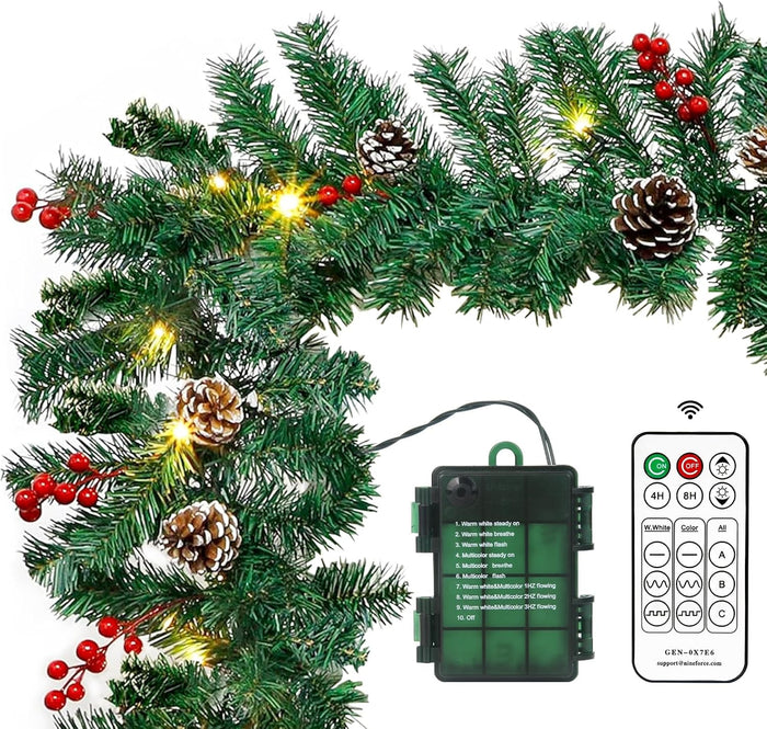 Christmas Garland with Lights - 10ft Waterproof Battery Operated Pine Garland with Multicolored LED Lights & Remote & Timer, for Mantle, Stairs, Railing Indoor Outdoor Decorations
