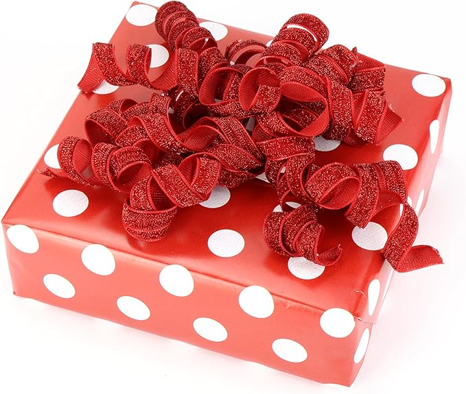 6" Metallic Glitter Red Self Adhesive Curly Ribbon Gift Wrap Bows for Christmas, Holiday, Birthday, Wedding, Presents, Party Favors Decorations 6-Count
