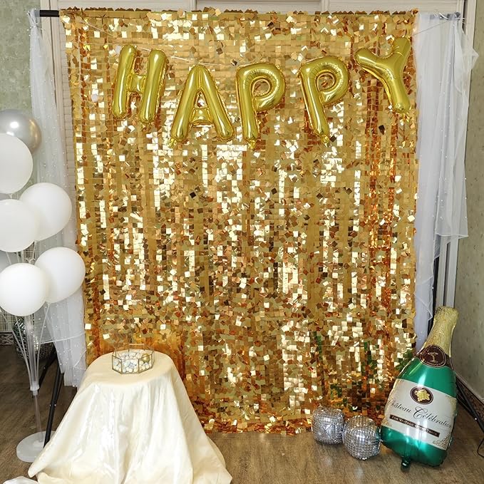 Gold Square Sequin Backdrop 8ft * 8ft 1 Panel, Shimmer Wall Backdrop Photobooth Props for Wedding, Anniversary, Birthday, Party Decorations