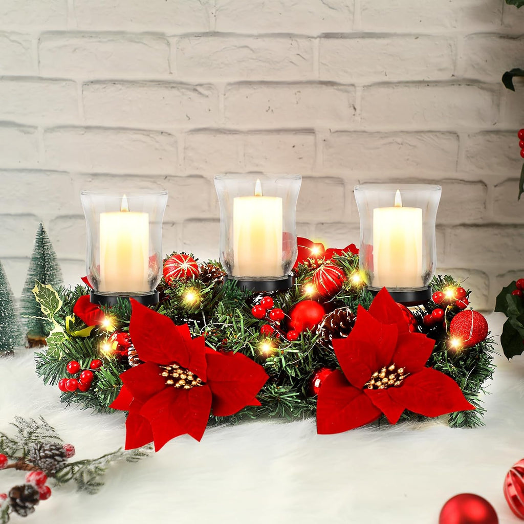 Sliner Christmas Candle Holder Centerpiece Christmas Poinsettia Glass Candle Holder Romantic Holiday Candelabrum for Xmas Party Table Mantel Decorations