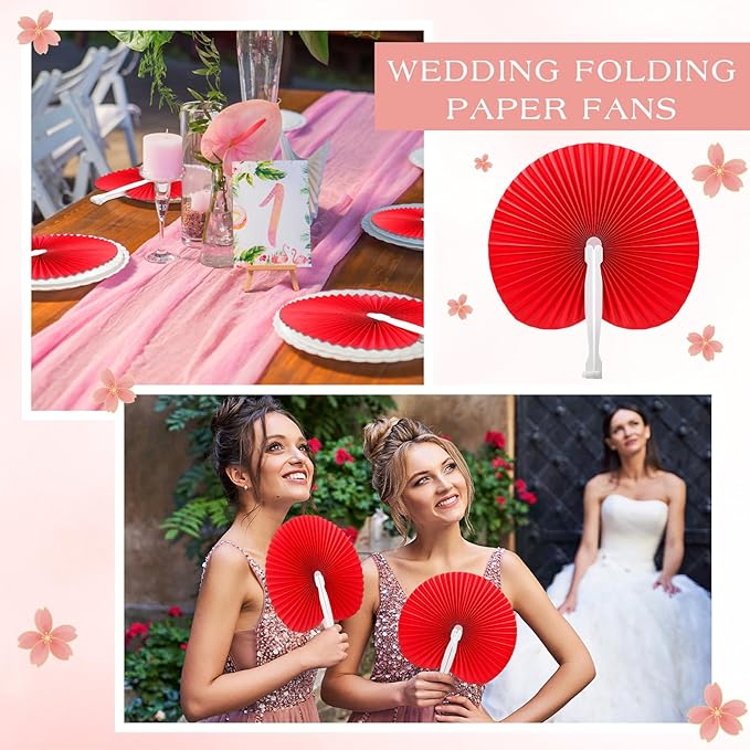 Handepo 200 Pieces Wedding Fans Folding Paper Fans Paper Fans Round Shaped Folding Fans Handheld Fan with Plastic Handle for Wedding Celebration Birthday Party Favor (Red)