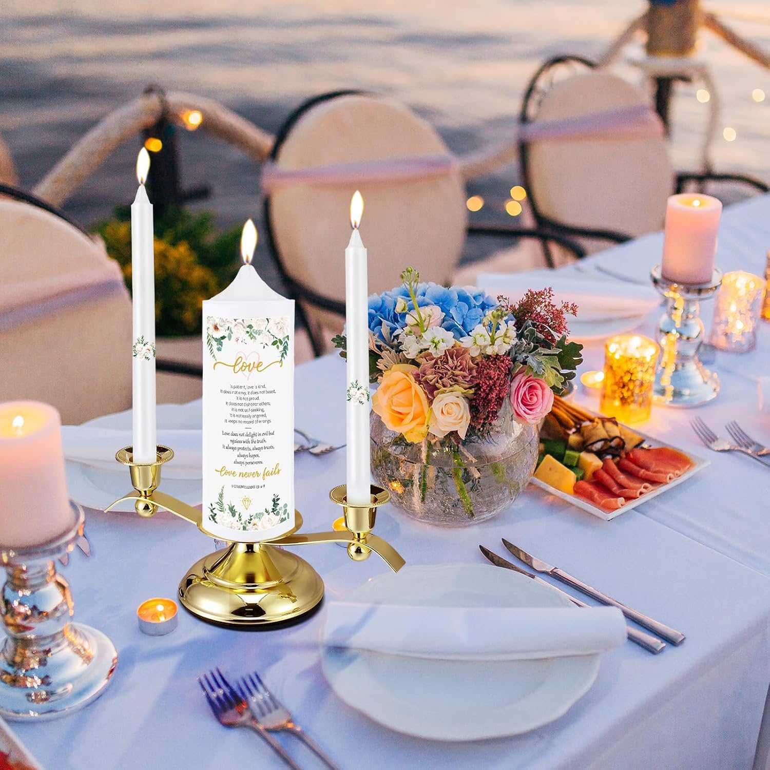 Landhoow 3 Unity Floral Candles for Wedding Ceremony Set with Golden Holder White Pillar and Taper Candles Religious Wedding Catholic Anniversary Big Events Gifts for Couple