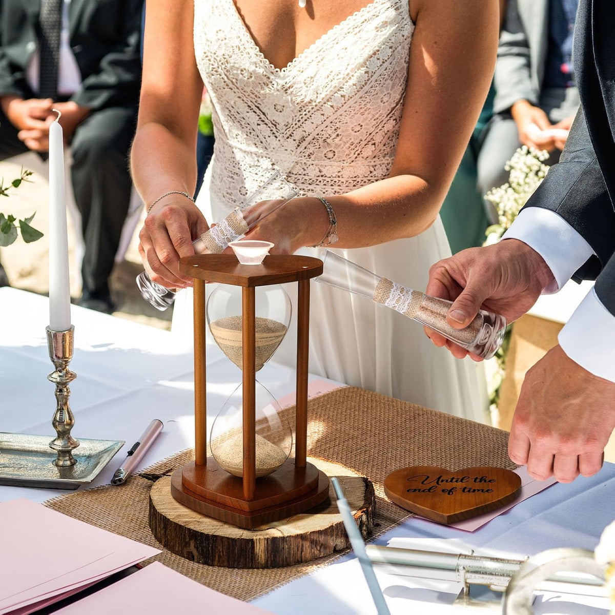 unity sand ceremony for wedding set hourglass, brown, close-up detail