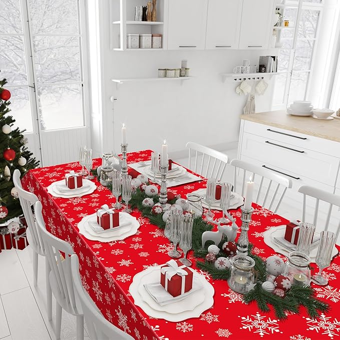 Jectivs 3 Pieces Christmas Snowflake Plastic Party Tablecloth Decorations,White Snowflake Red Xmas Backdrop Sign Table Cover Banner for Winter Christmas Holiday Party Supplies,54x108 inch (Red)