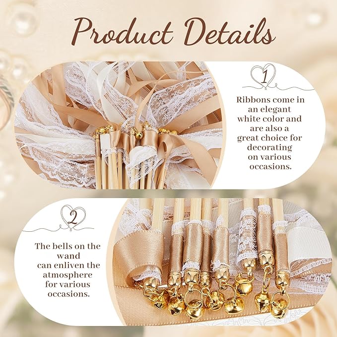 Taiyin 150 Pcs Lace Ribbon Stick Wands Wedding Wand Streamers with Bell Silk Ribbon Fairy Wand Wedding Send Off Streamer for Baby Shower Holiday Party Favors(Champagne, Beige)