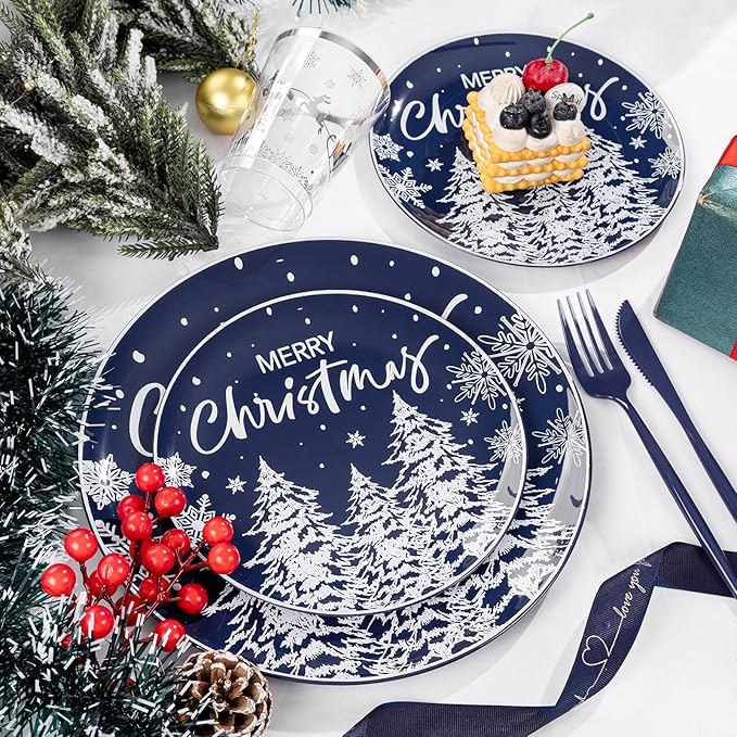 Supernal 150pcs Christmas Dinnerware Set - Blue and White Plates With Trees Design, Blue Silverware, Santa and Moose Silver Cups for New Year