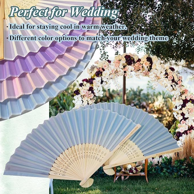 Personalized Engraved Light Blue Fans, Folding Hand Fans 70 Pcs, Wedding Party Favors, Custom Silk-Bamboo Fans