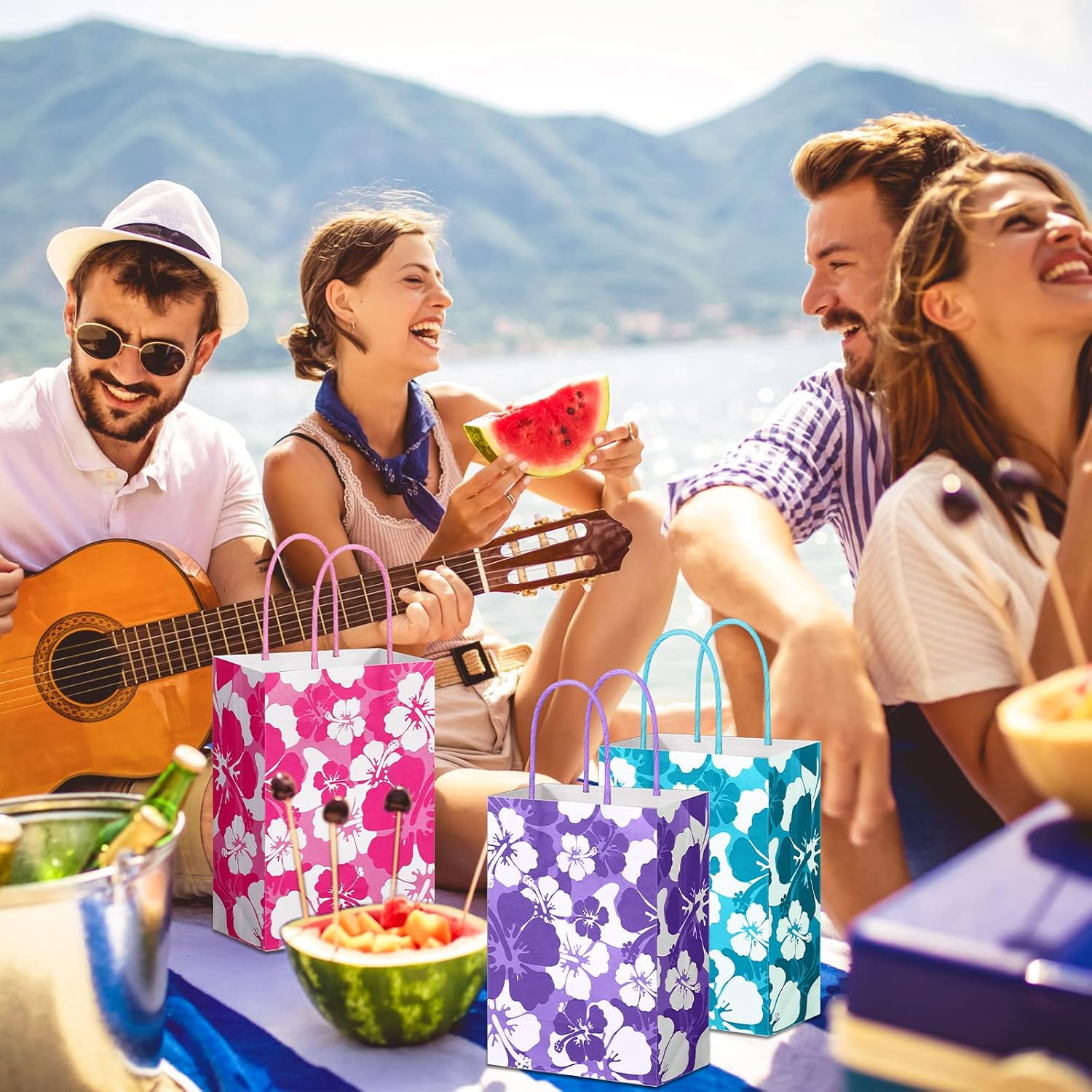 Teling 36 Pcs Hibiscus Party Favor Hawaiian Themed Paper Bags with Handles Summer Tropical Gift Tiki Luau Treat Hawaii Goodie Bags Kids Birthday Party Supplies Multicolor 8.3 x 6 x 3