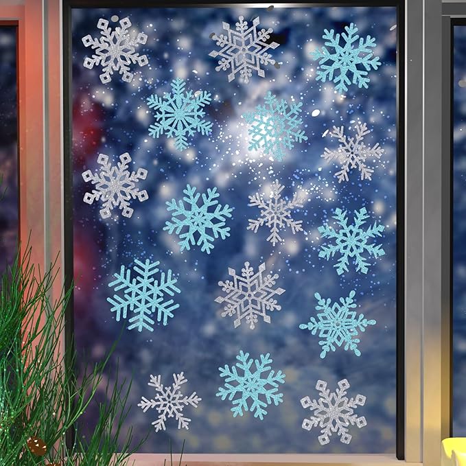 Winter Snowflake Cutouts - Glitter Paper Snowflake Decorations - 50Pcs Blue & Silver Double-Side Christmas Cutouts for Holiday Winter Wonderland Bulletin Board, Frozen Party Decor