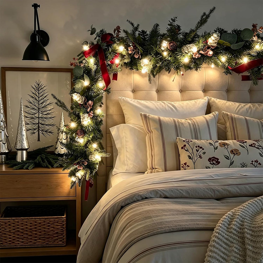 wanna-cul 6ft christmas garland with lights burgundy ribbon, package contents