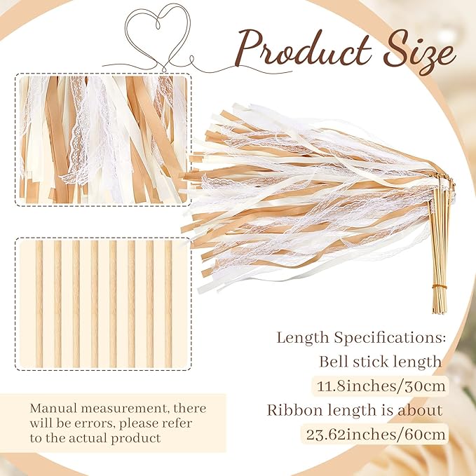 Taiyin 150 Pcs Lace Ribbon Stick Wands Wedding Wand Streamers with Bell Silk Ribbon Fairy Wand Wedding Send Off Streamer for Baby Shower Holiday Party Favors(Champagne, Beige)