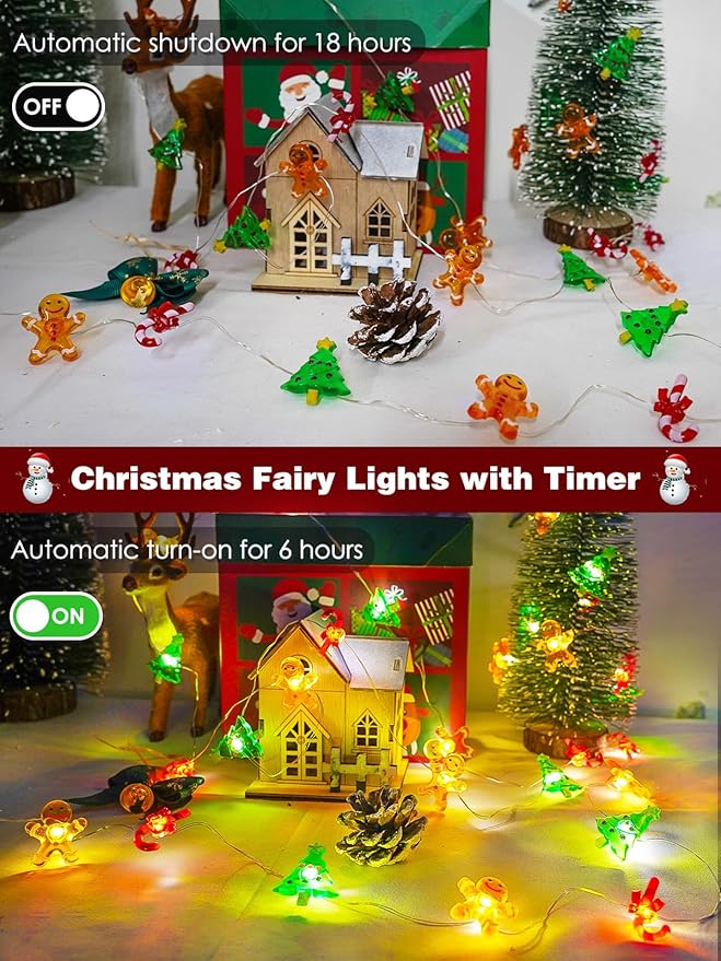 Christmas String Lights Decoration, 10ft 30LED Christmas Tree Gingerbread Man Candy Cane Fairy Lights Battery Operated with Remote, 8 Modes & Timer, Twinkle Light for Home Party Indoor Outdoor Decor