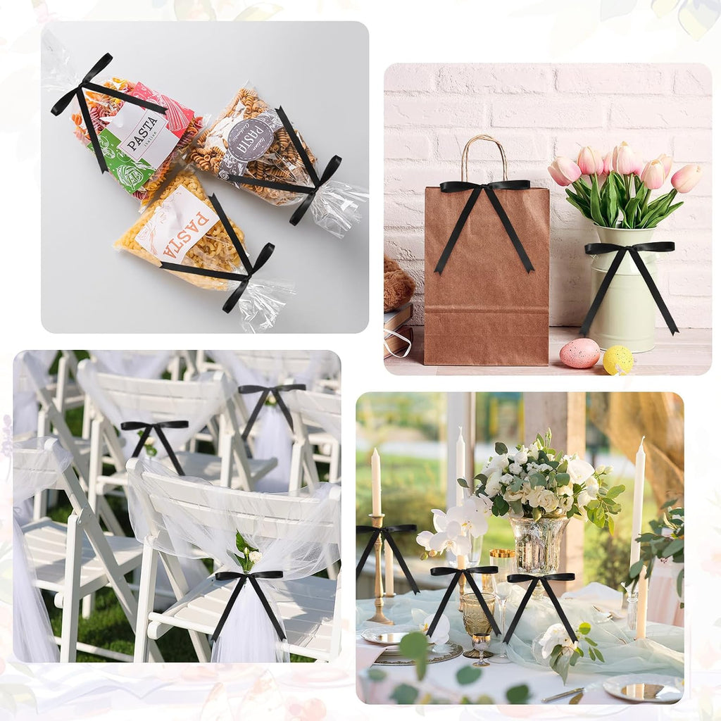 Riceshoot 100 Pcs Twist Tie Bows Bulk 5x7 Inch Satin Ribbon Bows for Gift Wrapping Cake Treat Bags Craft DIY Wedding Baby Shower Birthday Party(Black)
