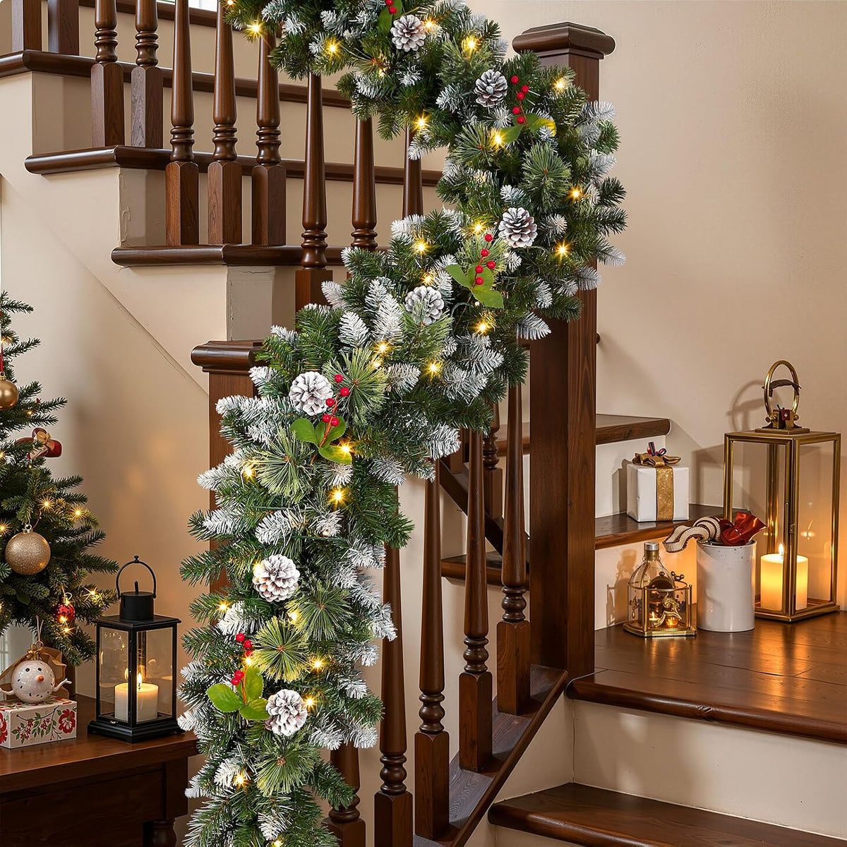 shareconn 2pcs 9ft prelit artificial christmas garland with on a desk or shelf
