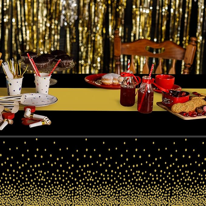 QZYL 12Pack Plastic Table Cloth Disposable, 54" x 108" Waterproof Black Table Cloths with Gold Dots, Outdoor Tablecloth for Rectangle, Table Cloth Cover for New Years Eve Decorations Holiday Birthday