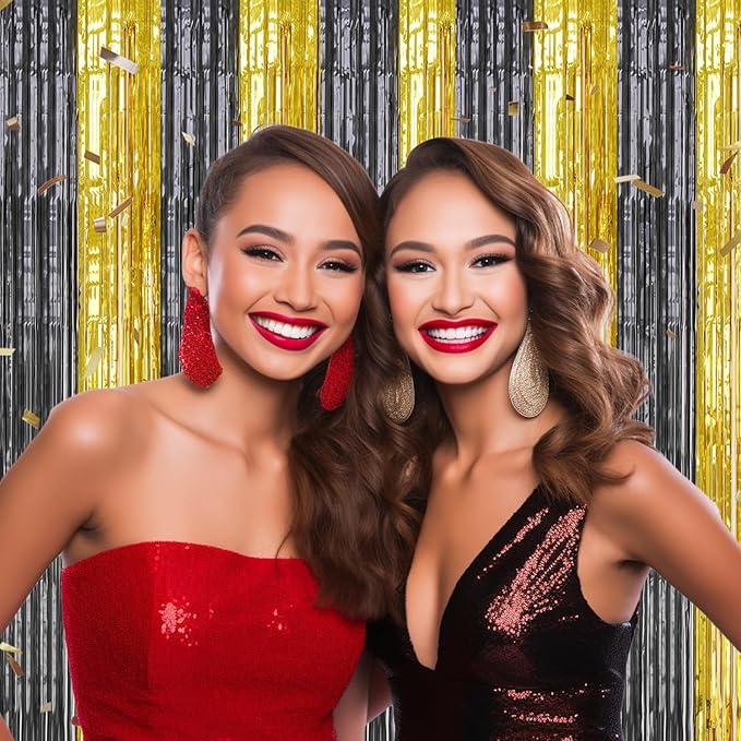 3 Pack Foil Fringe Backdrop - Black&Gold Shiny Tinsel Curtains for Party Decoration/Photo Booth Props - 3.3x8.2 FT Metallic Foil Backdrop for Birthday, Wedding, Graduation, Christmas.