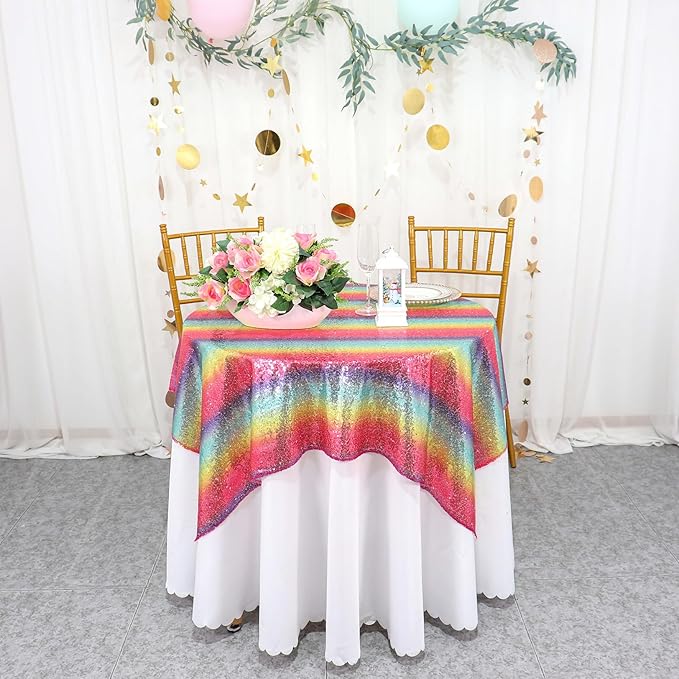 ShinyBeauty 36x36 Inch Rainbow Sequin Tablecloth - Sparkling Glitter Square Table Cover for Wedding Baby Shower Birthday Party Decor, Polyester Multicolor Iridescent Fabric Events & Celebrations