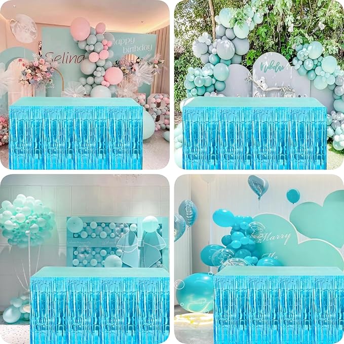 Light Blue Streamers Party Decorations, 2 Packs Ocean Blue Table Skirts Metallic Foil Fringe Tinsel for Birthday Under The Sea Shark Boy Baby Shower Winter Party Supplies -29x108Inch