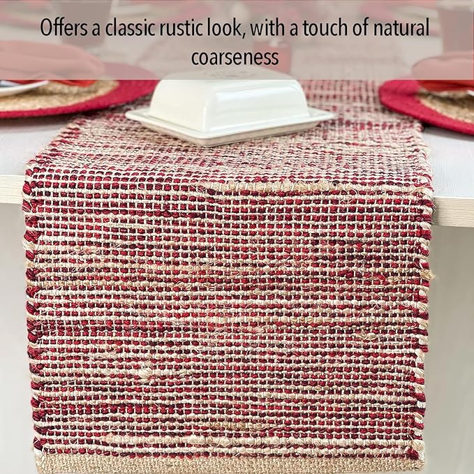 Chardin home Natural Jute Table Runner 13x90 Inch – Vintage Boho Rustic Table Decor – Handwoven Table Runner in Natural Jute and Red – Farmhouse Dining or Console Table Accent