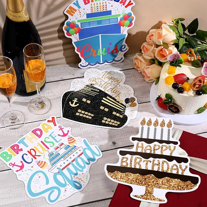 Hoteam 4 Pcs Birthday Cruise Door Decorations Magnetic Large Happy Birthday Cruise Ship Door Magnets Funny Waterproof Balloon Cake Nautical Magnets for Carnival Cabin Stateroom Fridge Car