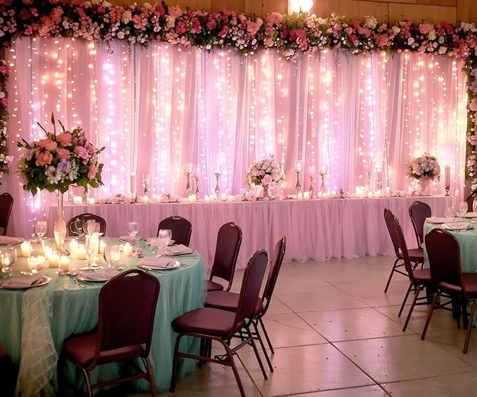 Pink Tulle Backdrop Curtains with Lights String for Parites 20ft×8ft Pink Sheer Backdrop Curtains for Baby Shower Girls Bridal Shower Birthday Party Photo Shoot Decorations(4 Panels 5×8ft)