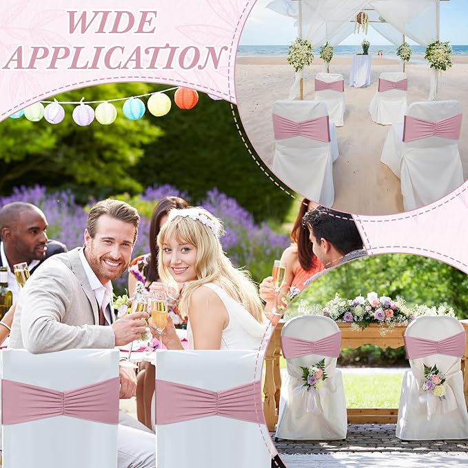 Moukeren 100 Pcs Spandex Chair Sashes Bows Bands Slider Sashes for Chair Covers Elastic Bands Ties Ribbon Decorations for Wedding Party Events Ceremony Birthday Banquet(Dusty Pink)