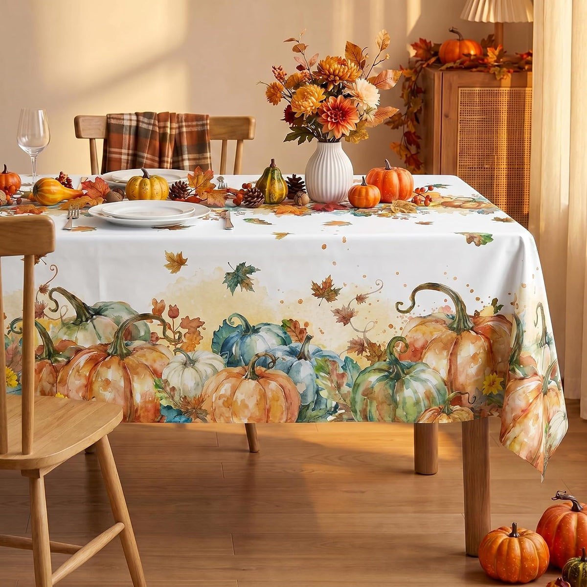Horaldaily Vinyl Tablecloth 60×120 Inch Pumpkins Leaves Without Flannel