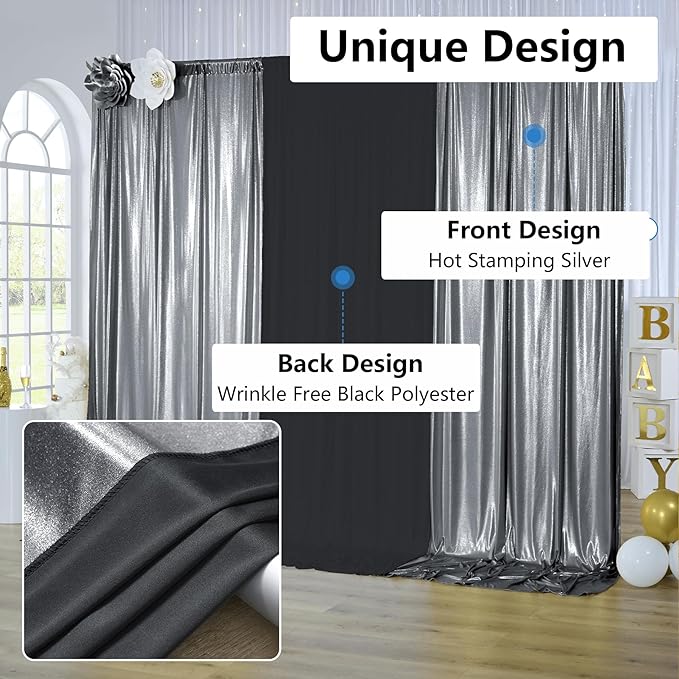 30x10 ft Wrinkle Free Black Silver Sequin Backdrop Curtain for Parties,Thick Not Fall Glitter Wedding Backdrop Drapes,6 Panels 5x10ft Shimmer Photo Back Drop Cloth for Birthday Photography Background