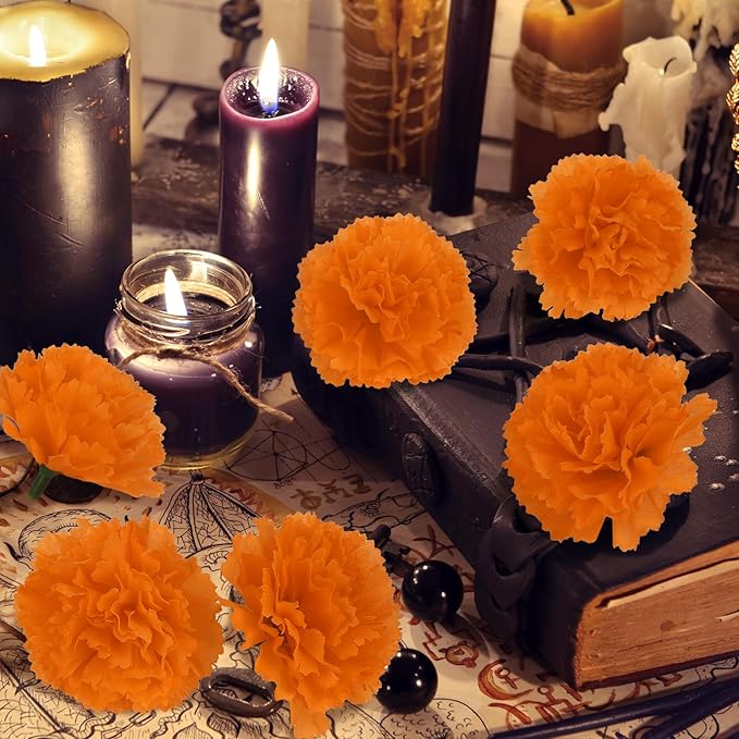 30 Pcs Artificial Marigold Flowers,3.54" Silk Marigold Flower Heads with Stems,Orange Flowers Artificial for Diwali Decor,Indian Wedding,Home,DIY Wreath Garland,Day of The Dead Decorations