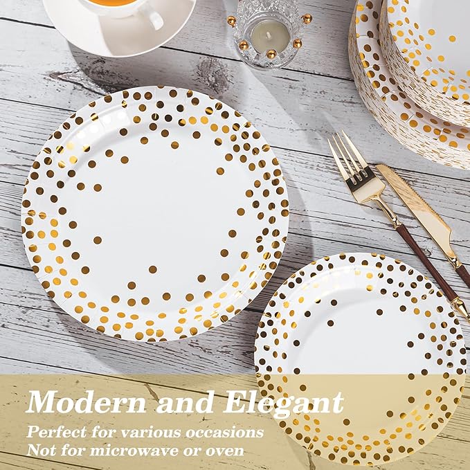 Lullaby 200PCS White Paper Plates, Disposable White and Gold Paper Plates, 100pcs Dinner Plates 9", 100pcs Dessert Plates 7", Party Plates with Golden Dot for Birthday, Gathering
