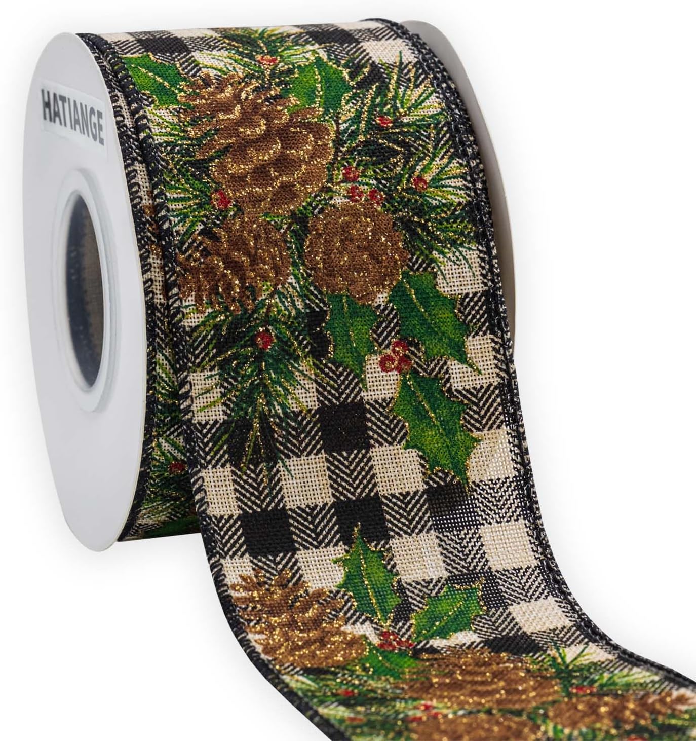 HATIANGE Pinecone Christmas Burlap Ribbon with Black White Plaid Wired Ribbon, 2-1/2 Inch x 11Yards, for Xmas Home Decor, Gift Wrapping, Bow Making, Wreath, DIY Crafts