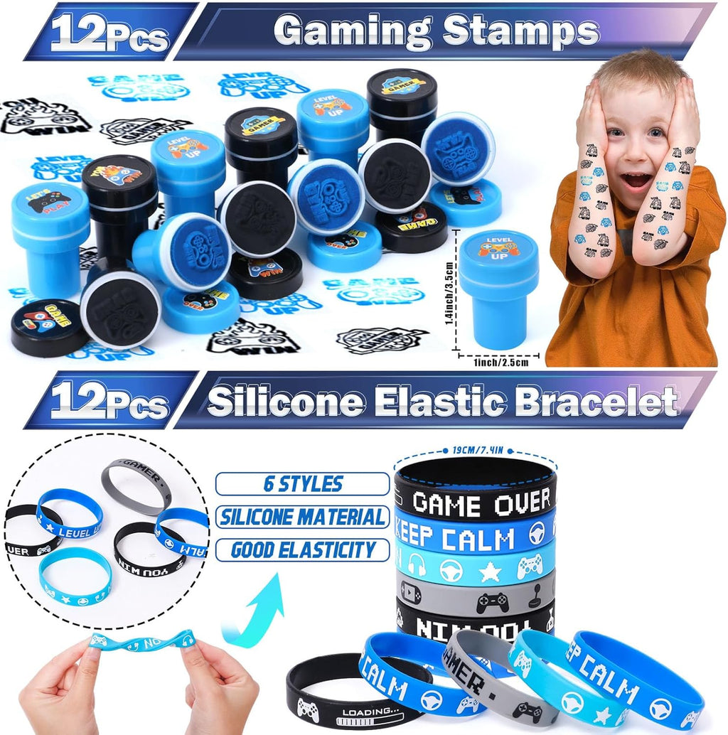 84Pcs Video Game Party Favors Birthday Supplies Kids Boys Invisible Ink Pen Notebook Silicone Bracelet Stamper Tattoo Sticker Gaming Toy Gift Bag Goodie Bag Stuffers Gamer Party Favors