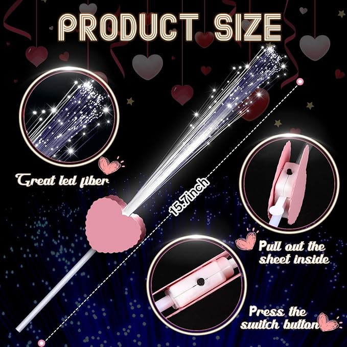 24 Pcs Wedding Sparklers Heart Shaped LED Glow Sticks Fiber Optic Wands Light up Wand with 3 Light Mode for Wedding Bridal Shower Birthday Glow in the Dark Party Supplies (Pink)