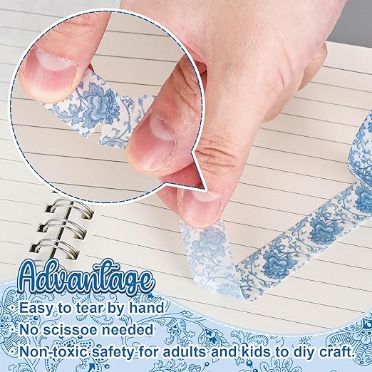 Whaline 12 Rolls Blue Floral Washi Tape Chinoiserie Flower Washi Tape Vintage Masking Decorative Gift Wrapping Paper Tape for DIY Craft Scrapbook Envelope Party Favor Supplies