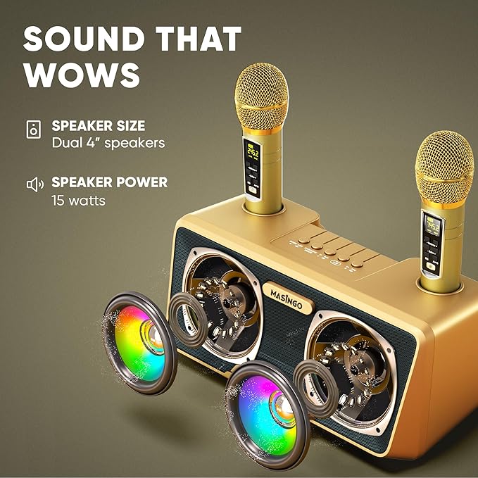 MASINGO Karaoke Machine for Adults and Kids with 2 Wireless Microphones, Portable Bluetooth Singing Speaker, Colorful LED Lights, PA System, Lyrics Display Phone Holder, and TV Cable. Presto G2 Gold