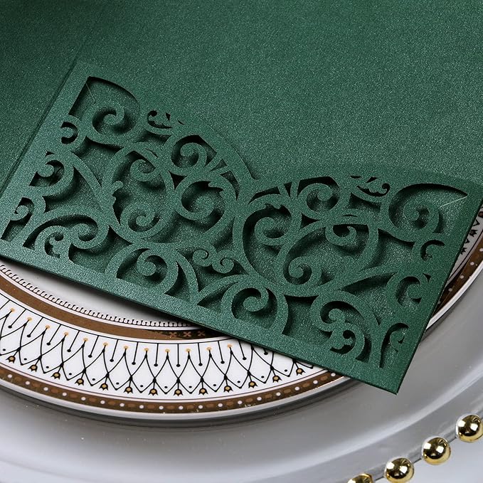 PONATIA 5.12 x 7.2 Emerald Green Laser Cut Invitation Cards, 20PCS Tri-Fold 5 x 7 Trifold Wedding Invitation Cards Pockets with Envelopes for Wedding Bridal Shower Engagement Birthday Quinceanera